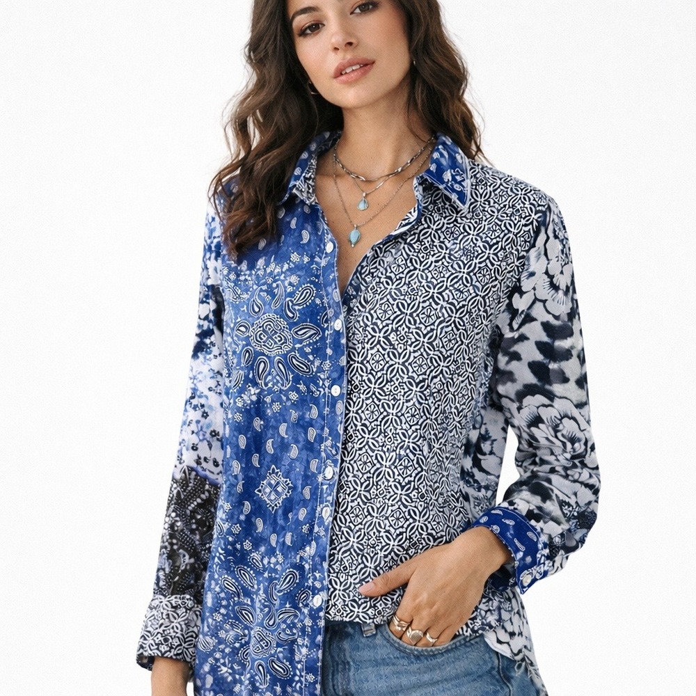 Cino Mixed Print Patchwork Shirt Blue Paisley Boho Cotton Top Women Medium